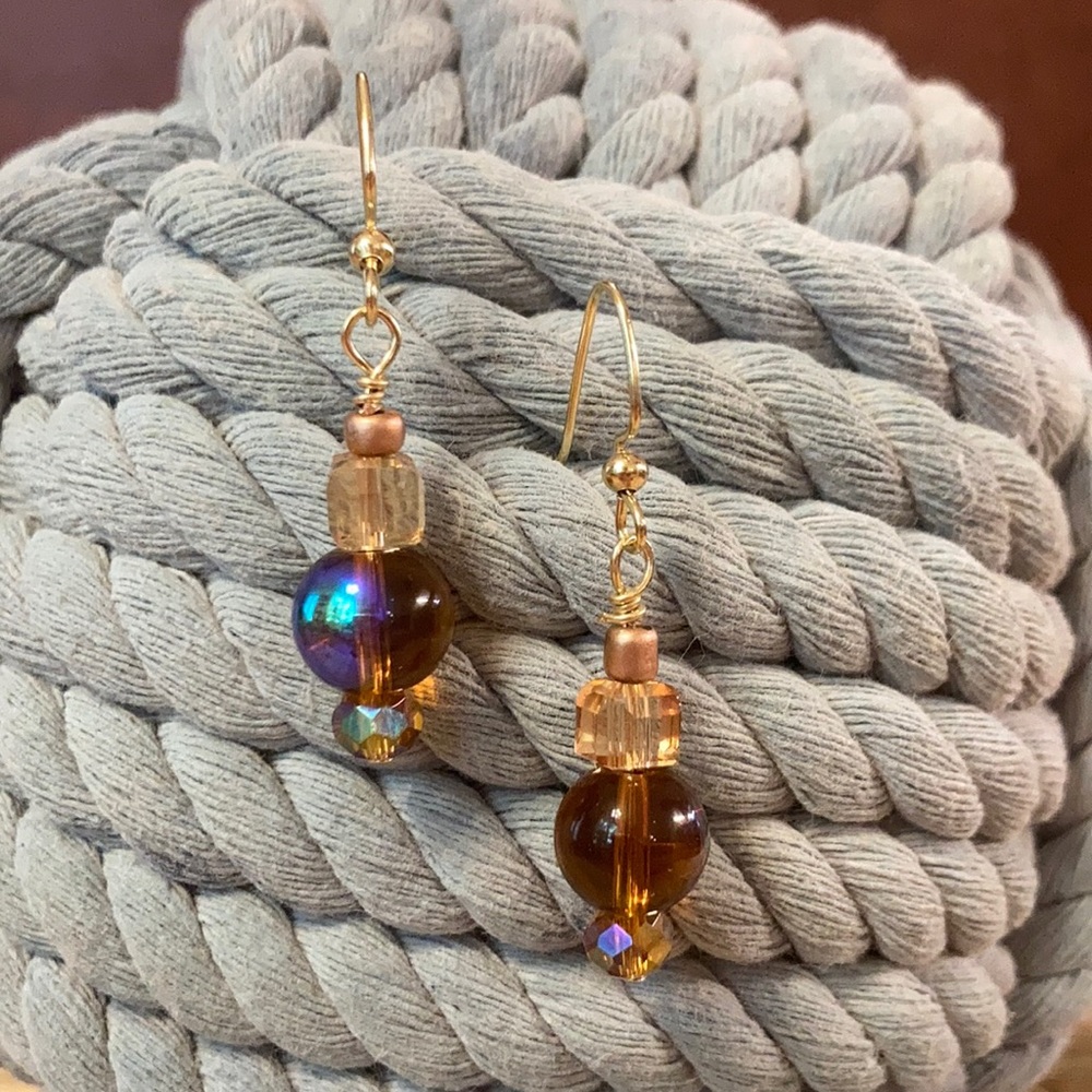 Amber and Gold Glass Drop Earrings